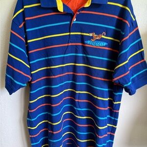 Men’s L The Disney Store Blue Striped Tigger Vintage/Retro Short Sleeve Polo
